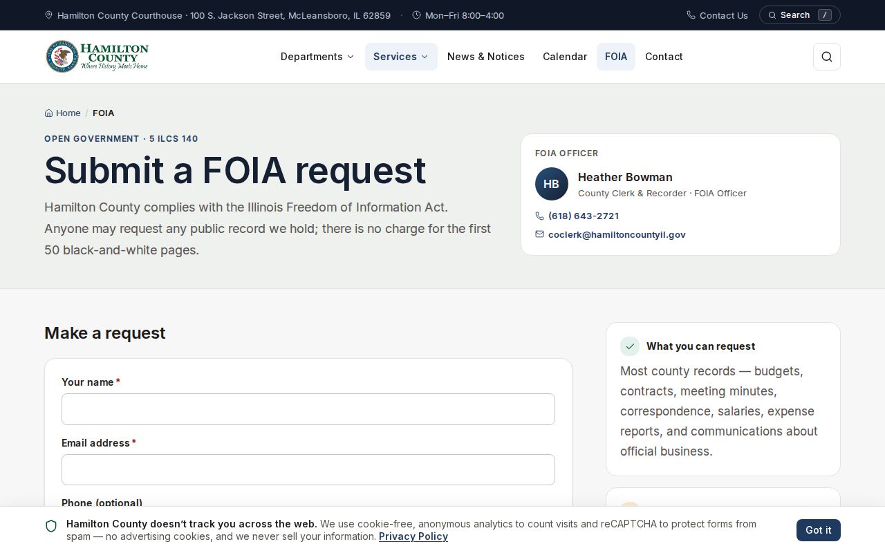 Hamilton County FOIA request instructions for booking records