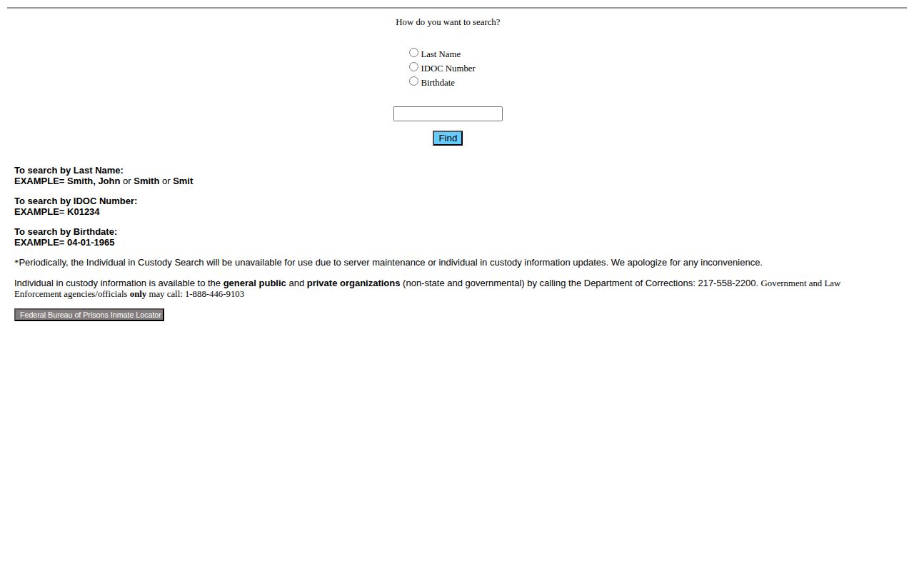 Illinois Department of Corrections individual in custody search form